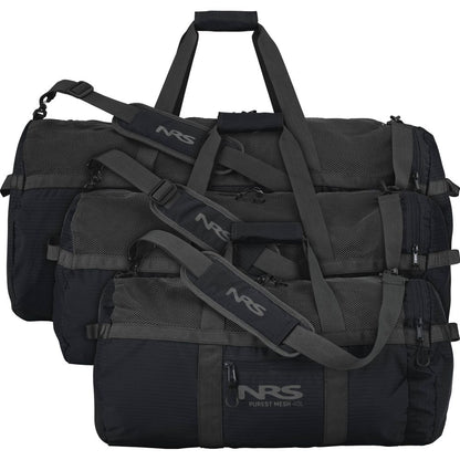 Three stacked NRS Purest Mesh Duffels in black and gray, made of durable polyester, feature adjustable shoulder straps and multiple compartments—ideal for paddling gear.