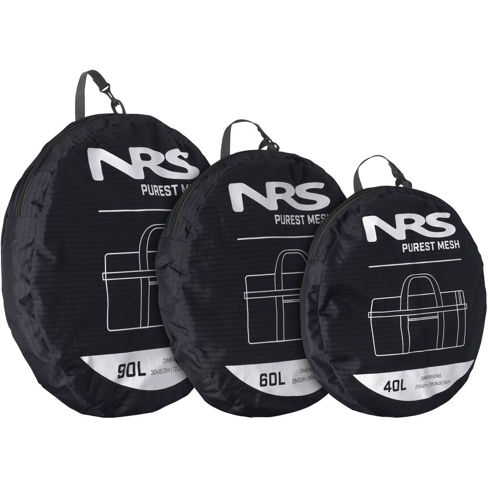 Three black NRS Purest Mesh Duffel Bags, available in 90L, 60L, and 40L sizes, are displayed upright. Crafted from durable polyester, they're ideal for organizing paddling gear.