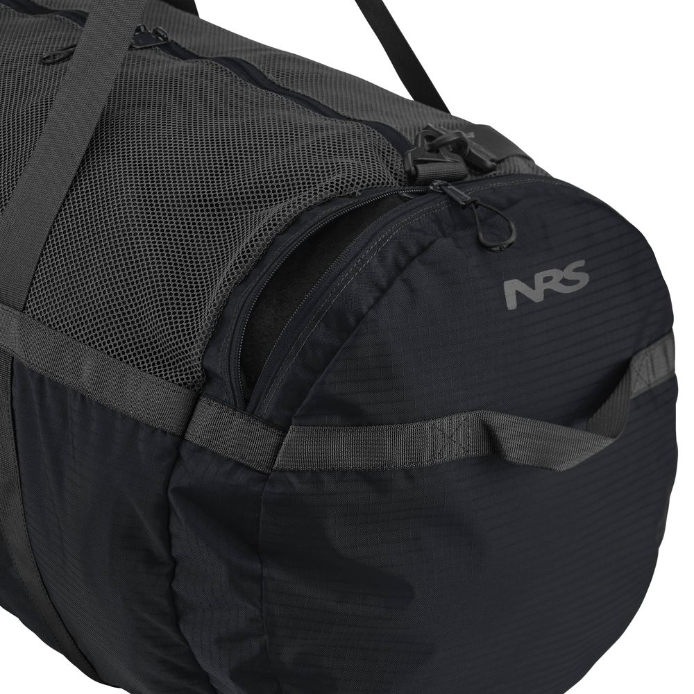 Close-up of the Purest Mesh Duffel by NRS, in black and gray mesh made from durable polyester, featuring straps and detailing. Perfect for your paddling gear, it displays the "NRS" logo on one end.