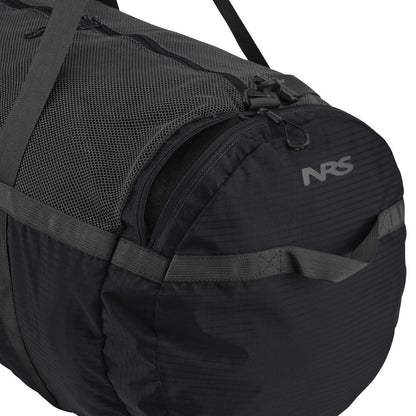 Close-up of the Purest Mesh Duffel by NRS, in black and gray mesh made from durable polyester, featuring straps and detailing. Perfect for your paddling gear, it displays the "NRS" logo on one end.