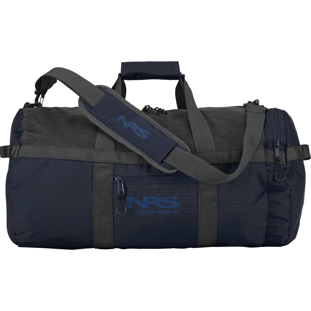 The NRS Purest Mesh Duffel is a black and gray duffel with a polyester mesh panel for paddling gear, featuring "NRS" branding, a shoulder strap, and zipper pockets.