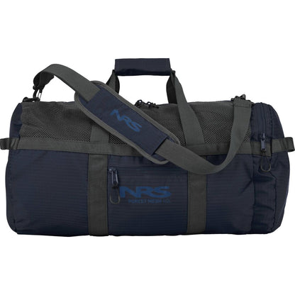 The NRS Purest Mesh Duffel is a black and gray duffel with a polyester mesh panel for paddling gear, featuring "NRS" branding, a shoulder strap, and zipper pockets.