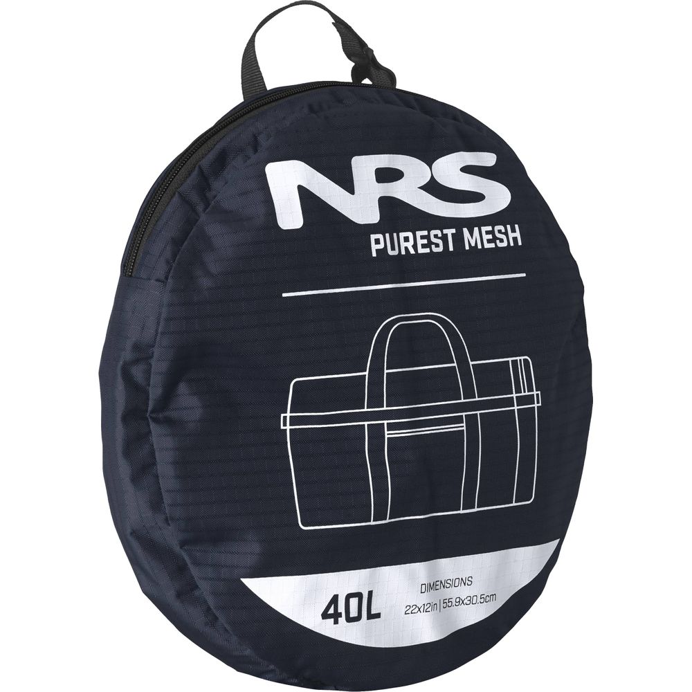 The round black 40L Purest Mesh Duffel by NRS features an illustration of a duffel bag with "NRS Purest Mesh 40L" in white. Measuring 22x12x11 inches, it is ideal for paddling gear, and its polyester mesh panel boosts durability and breathability.