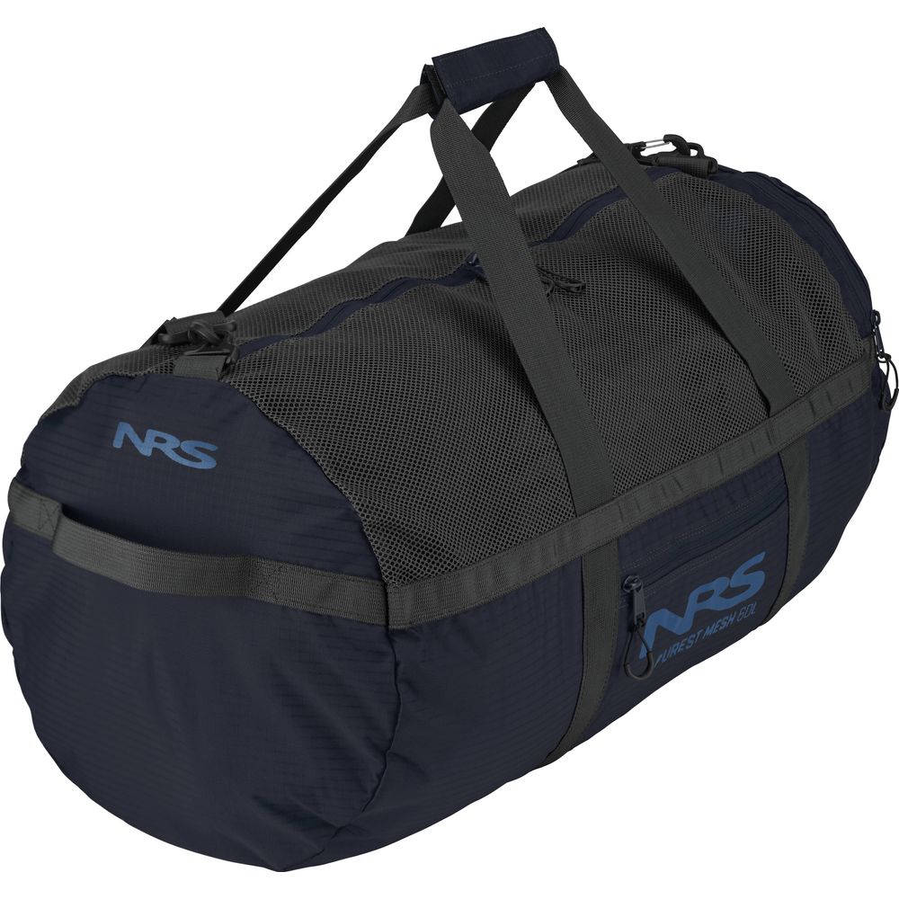 The Purest Mesh Duffel by NRS is a large black polyester bag with "NRS" in blue on the side and end, featuring multiple handles and a zipper closure. Ideal for paddling gear.