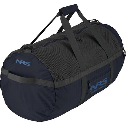 The Purest Mesh Duffel by NRS is a large black polyester bag with "NRS" in blue on the side and end, featuring multiple handles and a zipper closure. Ideal for paddling gear.