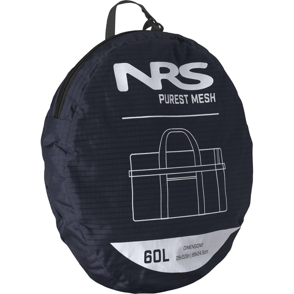 The Purest Mesh Duffel by NRS is a round black mesh bag with "NRS Purest Mesh" printed on it, featuring a handle and zip. Made from sturdy polyester, it's ideal for storing paddling gear and labeled as "60L" with dimensions 28x8.5in (63x24.5cm).