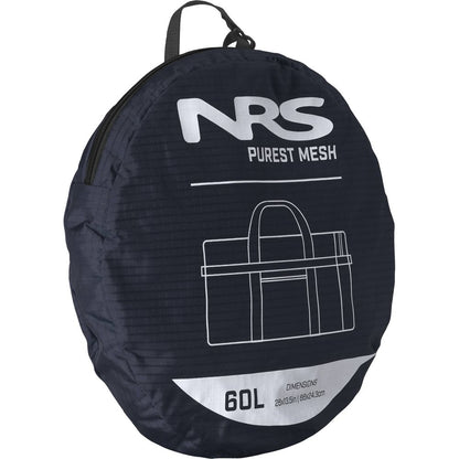 The Purest Mesh Duffel by NRS is a round black mesh bag with "NRS Purest Mesh" printed on it, featuring a handle and zip. Made from sturdy polyester, it's ideal for storing paddling gear and labeled as "60L" with dimensions 28x8.5in (63x24.5cm).