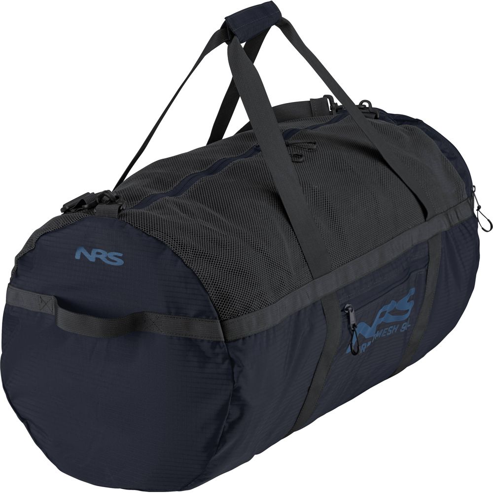 The NRS Purest Mesh Duffel is a large black bag with polyester mesh panels and sturdy handles, perfect for carrying paddling gear, featuring the NRS logo on its side.