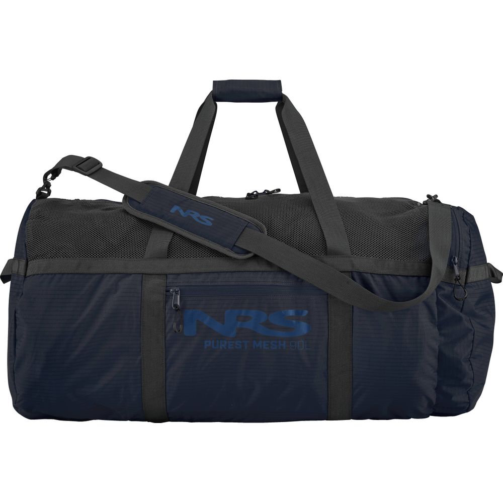 The Purest Mesh Duffel by NRS is made from sturdy polyester and features a mesh top, durable handles, and an adjustable shoulder strap—ideal for stylishly carrying your paddling gear.