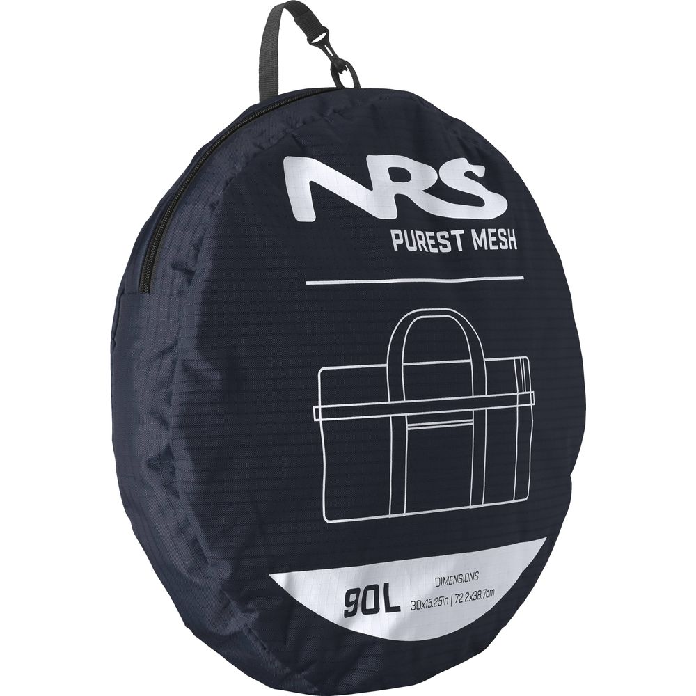 The NRS Purest Mesh Duffel is a round, black bag with "NRS Purest Mesh" printed in white. Crafted from durable polyester mesh, it has a convenient carry handle and includes a line drawing of the bag. It’s perfect for organizing paddling gear with its spacious 90-liter capacity.