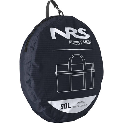 The NRS Purest Mesh Duffel is a round, black bag with "NRS Purest Mesh" printed in white. Crafted from durable polyester mesh, it has a convenient carry handle and includes a line drawing of the bag. It’s perfect for organizing paddling gear with its spacious 90-liter capacity.