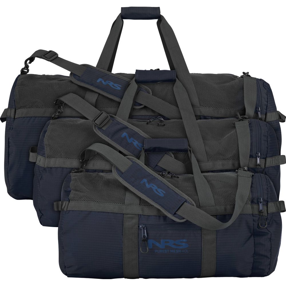 Three stacked Purest Mesh Duffel bags in black and gray with shoulder straps, designed by NRS for paddling gear, featuring a polyester mesh section and the "NRS" logo.