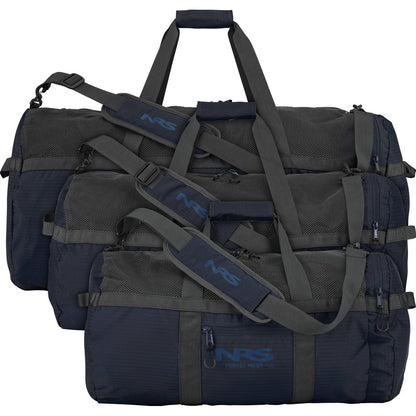 Three stacked Purest Mesh Duffel bags in black and gray with shoulder straps, designed by NRS for paddling gear, featuring a polyester mesh section and the "NRS" logo.