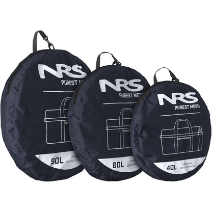 Three NRS Purest Mesh Duffel Bags in black, sizes 90L, 60L, and 40L. Made from durable polyester with white text and graphics showing dimensions—ideal for organizing paddling gear.