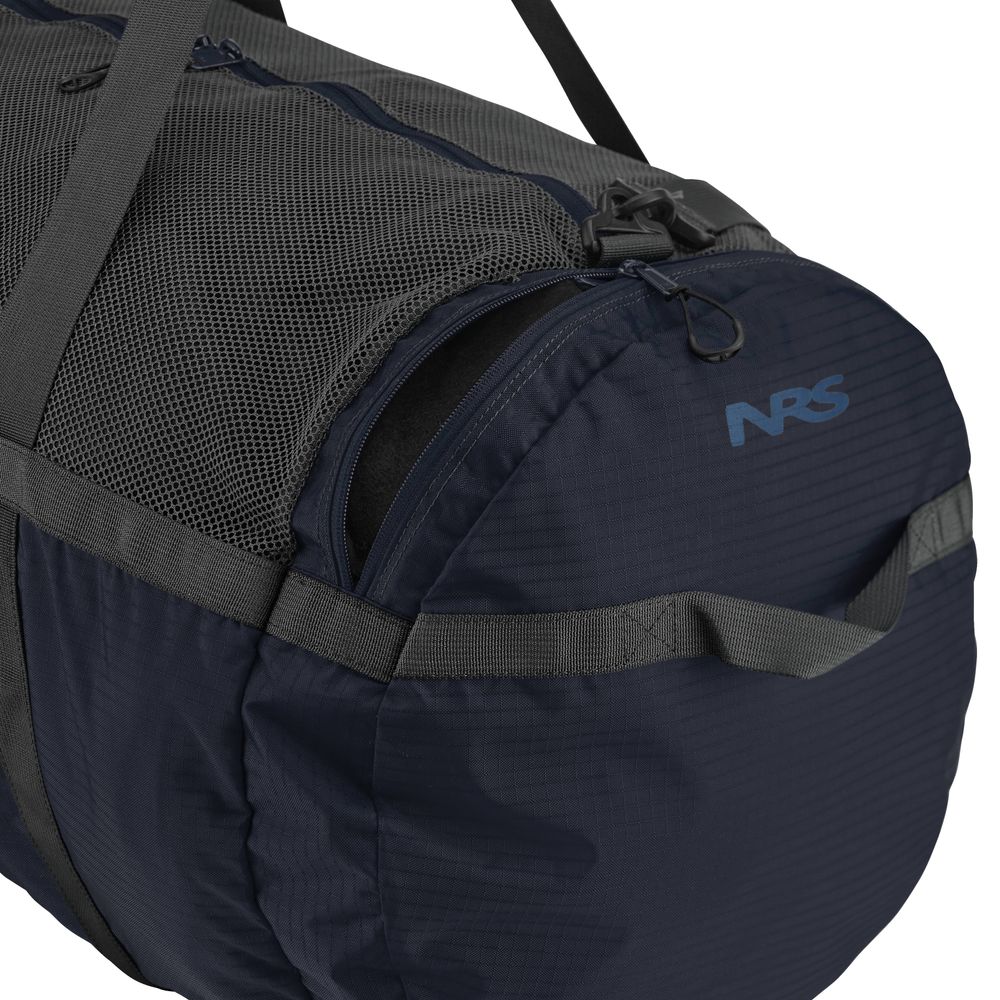 The Purest Mesh Duffel by NRS is perfect for paddling gear, featuring a dark blue and gray design with strong handles, zippers, and a durable polyester mesh panel for breathability.