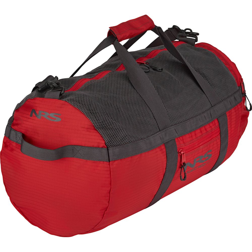 The NRS Purest Mesh Duffel is a red and black bag made from durable polyester mesh. It features a mesh top, small front pocket, and dual handles with adjustable straps.
