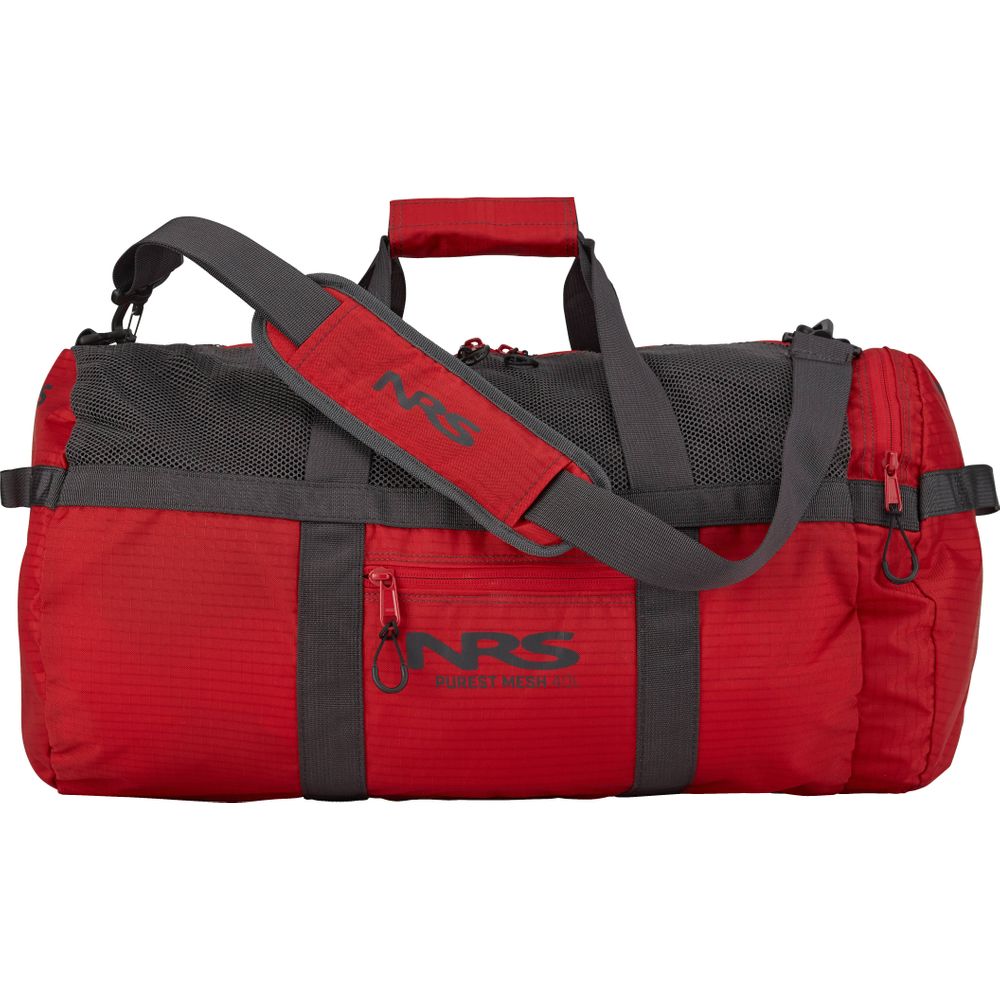 Introducing the NRS Purest Mesh Duffel: a red duffel bag with black straps, a durable polyester mesh top, padded shoulder strap, and zippered compartments. Perfect for paddling gear and adorned with the NRS logo, it's your versatile adventure companion.
