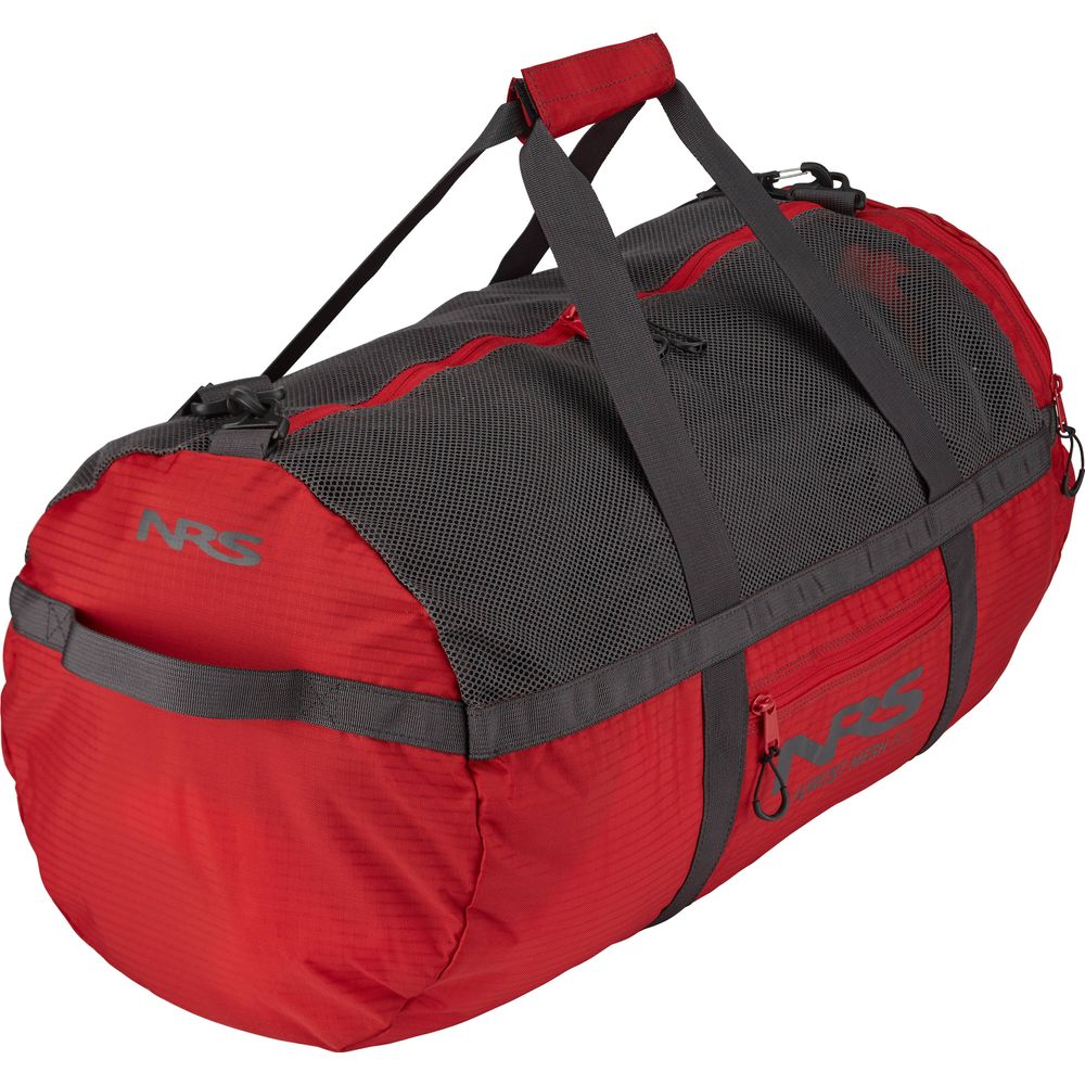 The NRS Purest Mesh Duffel is a red and black bag made from sturdy polyester, featuring gray handles and the NRS logo—ideal for your paddling gear.
