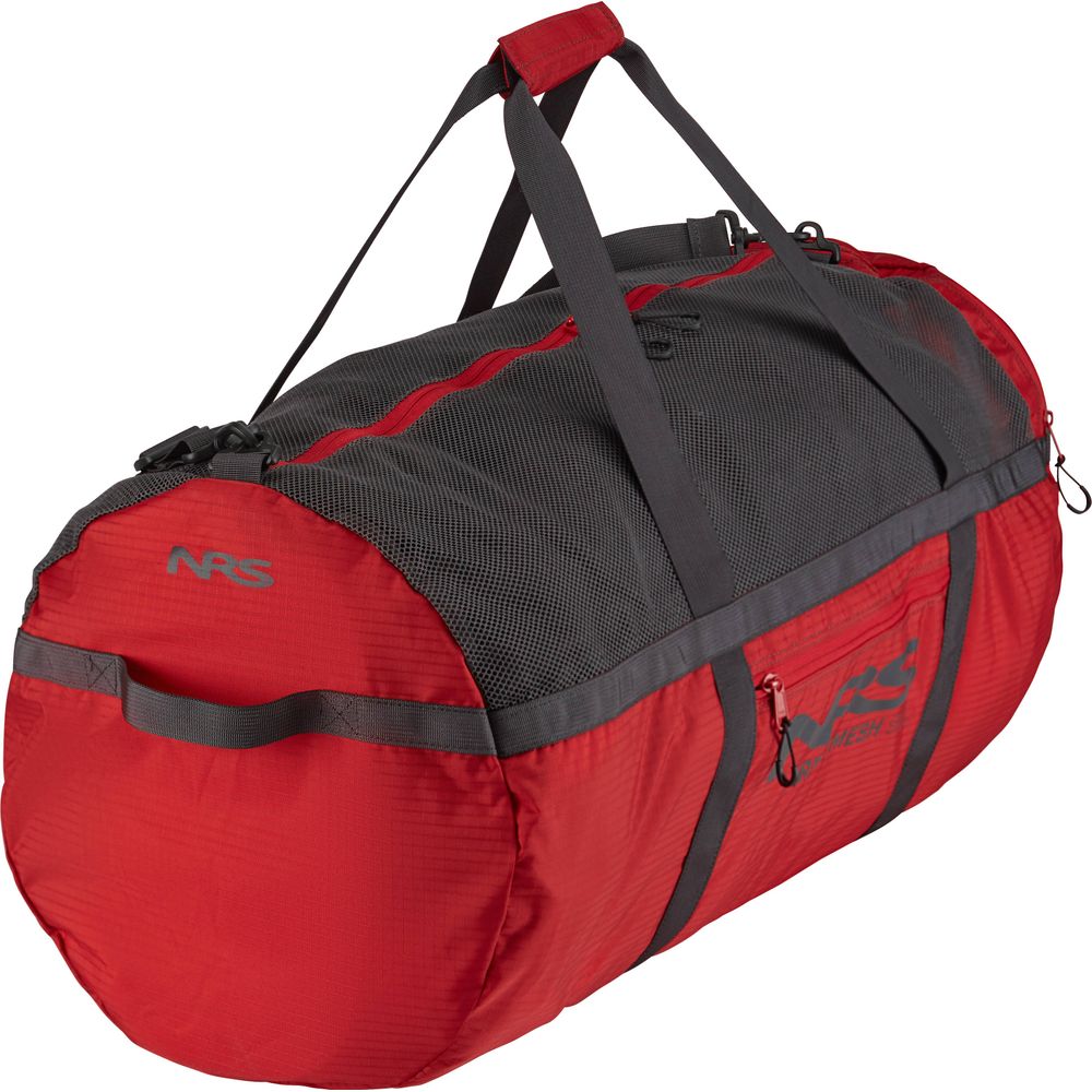 The Purest Mesh Duffel by NRS is a red and black bag made of durable polyester mesh with multiple zippers and handles, ideal for organizing paddling gear against a crisp white background.