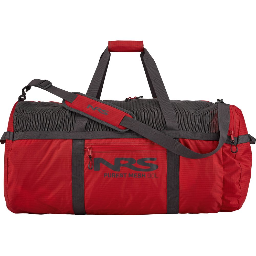 The NRS Purest Mesh Duffel is a red and black bag made from durable polyester mesh, complete with a shoulder strap and handles, ideal for transporting your paddling gear.