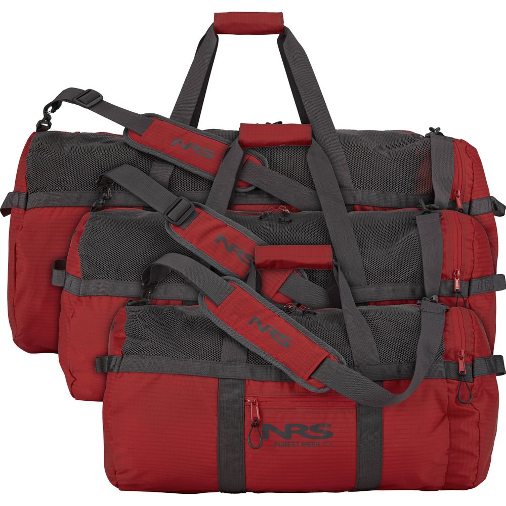 Three NRS Purest Mesh Duffel bags, red and black with adjustable straps, crafted from durable polyester, are stacked—ideal for organizing your paddling gear.