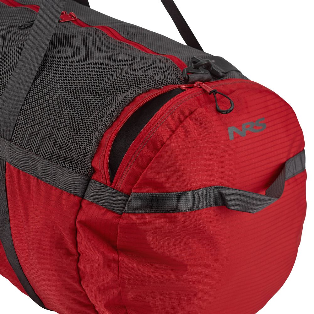 The Purest Mesh Duffel by NRS is a red and gray bag crafted from durable polyester mesh. It features a zippered pocket and the NRS logo on the side, making it perfect for efficiently storing paddling gear.
