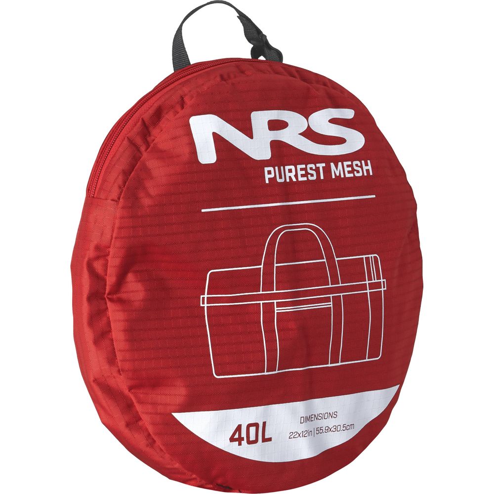 A red circular bag with "NRS Purest Mesh Duffel" in white, features a mesh duffel bag illustration and "40L" size. Its black carrying handle ensures easy transport of paddling gear, perfect for any aquatic adventure.