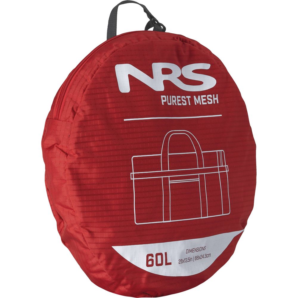 The red NRS Purest Mesh Duffel bag is ideal for paddling gear, featuring a top handle and durable polyester mesh construction. It boasts a 60L capacity with dimensions of 28x13 inches (62x32 cm).