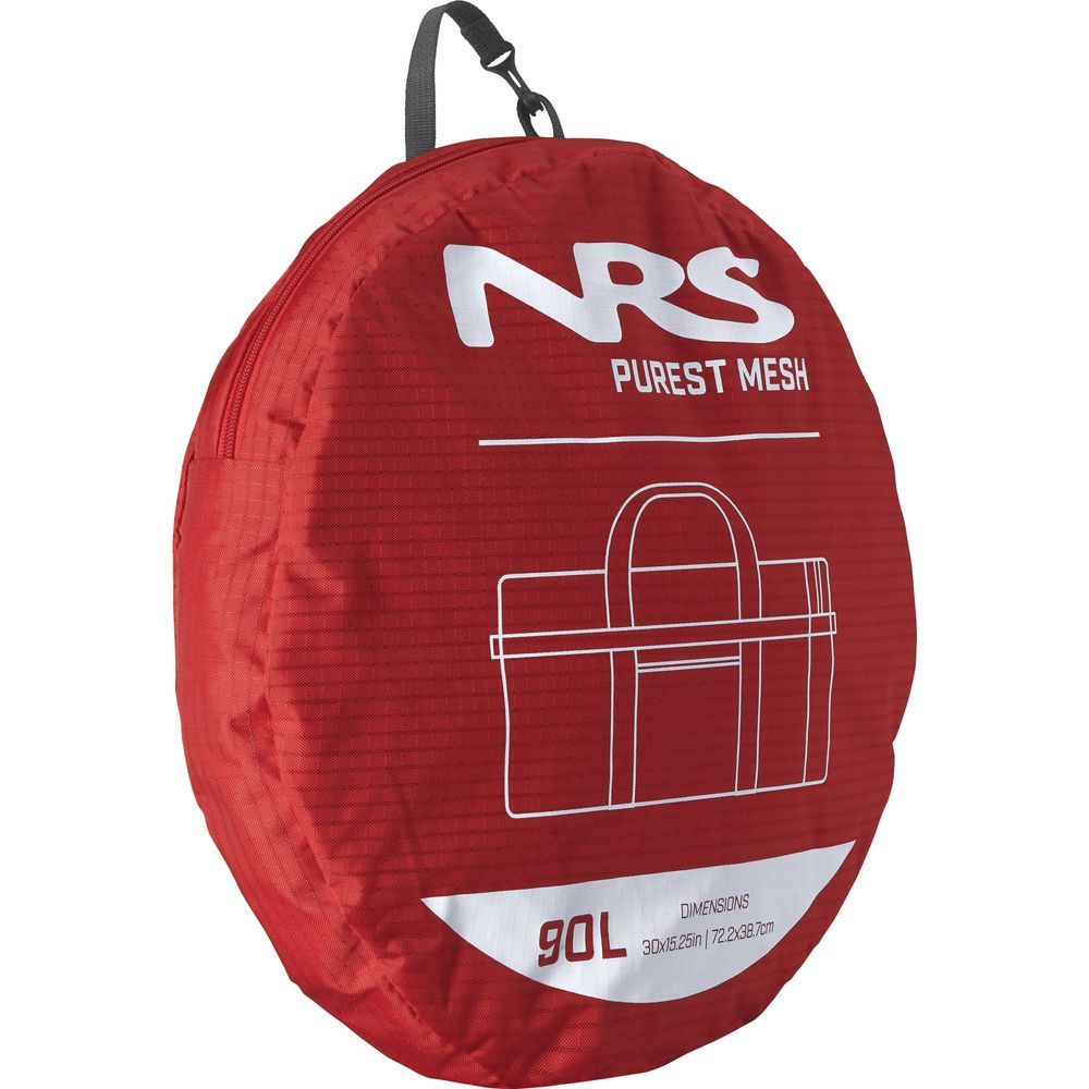The NRS Purest Mesh Duffel is a red bag with a handle, featuring a white diagram and text indicating 90L capacity. It measures 30x6.25in/72x20.32cm and is perfect for carrying paddling gear, made from durable polyester mesh.