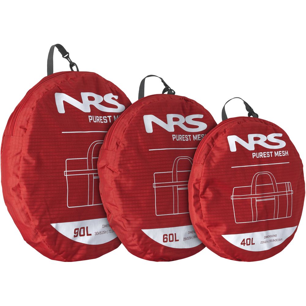 Three red NRS Purest Mesh Duffel Bags in sizes 90L, 60L, and 40L with white logos and designs are crafted from sturdy polyester—perfect for holding paddling gear.