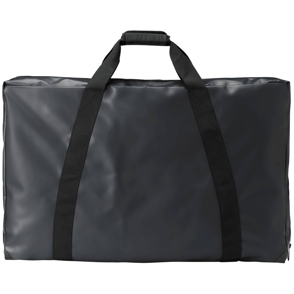 The NRS Firepan Storage Bag is a large, rectangular black duffel made from rugged PVC. Displayed against a plain background, it has two handles and a clamshell zipper, ideal for storing fire pans.