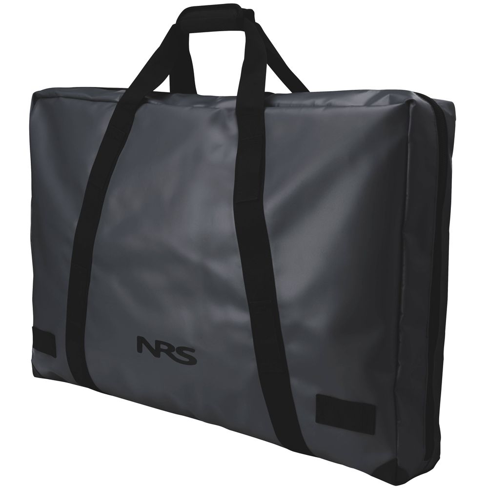 The Firepan Storage Bag by NRS is a rugged gray carrying bag with a clamshell zipper, black handles, and the NRS logo. Made from durable PVC material, it's ideal for storing your fire pan on adventures.