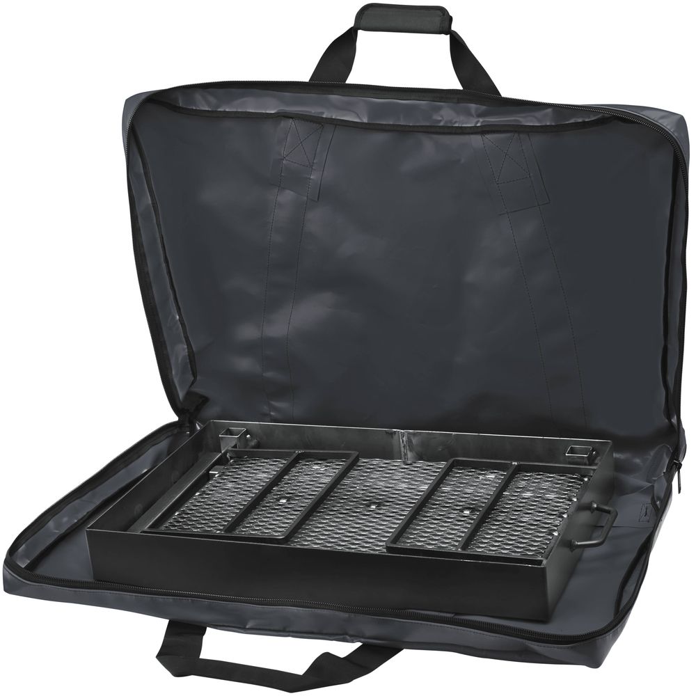 The NRS Firepan Storage Bag is a portable metal grill tray housed in a stylish black carrying case with handles, made of durable PVC material and equipped with an easy-access clamshell zipper, perfect for your grilling adventures.