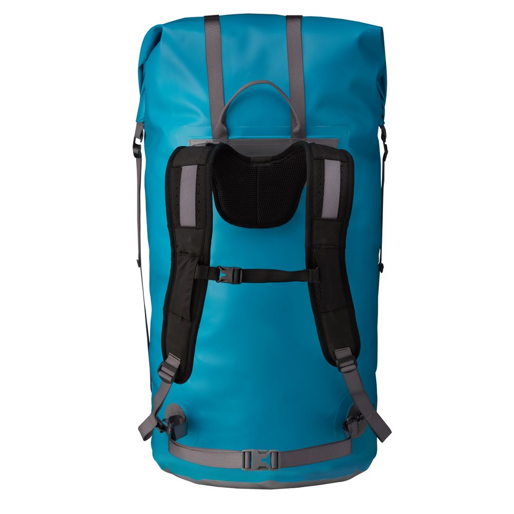 NRS's Bill's Bag is a blue waterproof hiking backpack featuring black compression straps and buckles, shown from the back.