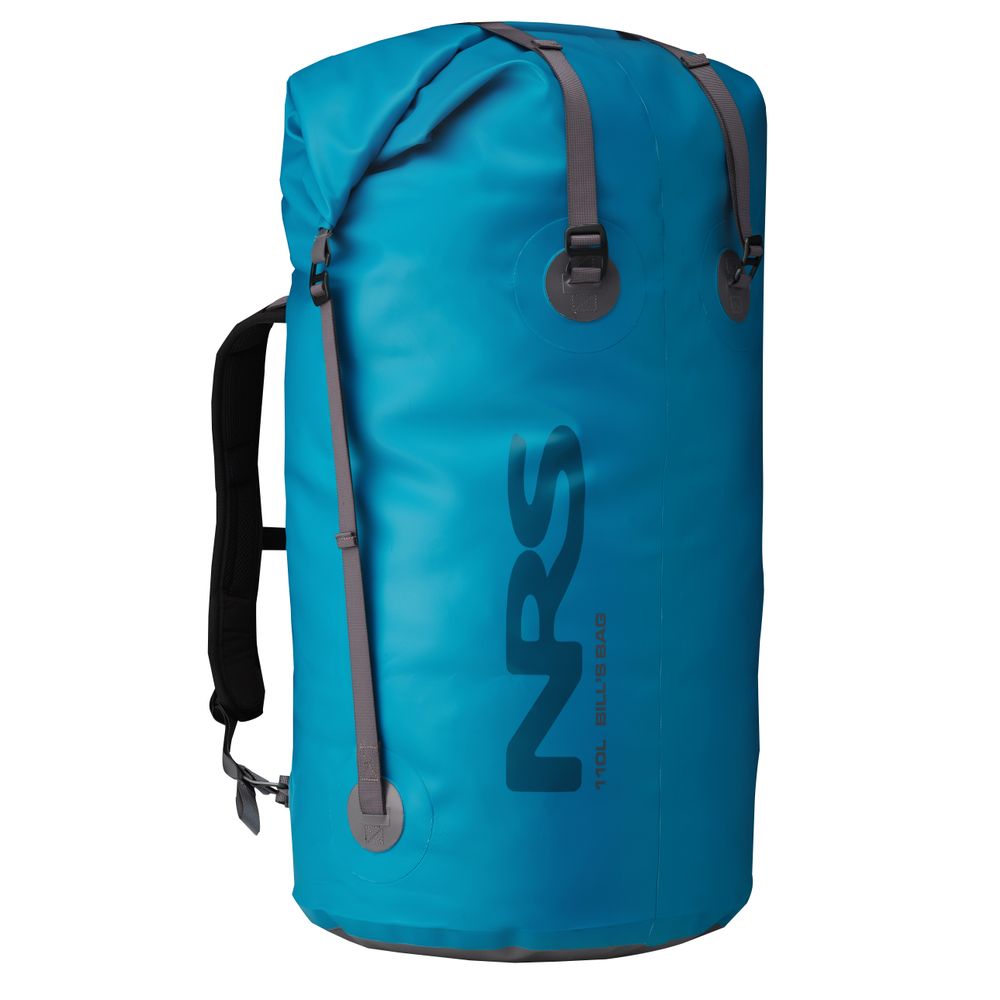 Bill's Bag by NRS: Blue waterproof dry bag equipped with adjustable black backpack straps and featuring the NRS logo.