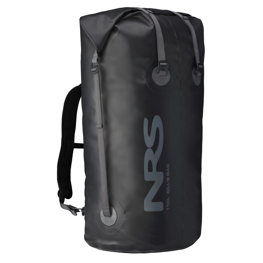 A black Bill's Bag by NRS made from durable TobaTex, with gray straps and a roll-top closure.