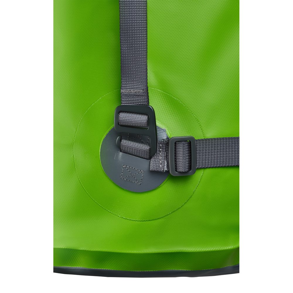 Close-up of a bright green, heavy-duty NRS waterproof Bill's Bag featuring a gray adjustable strap and buckle.