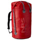 A 110-liter large red waterproof Bill's Bag backpack with gray compression straps, featuring the "NRS" logo.