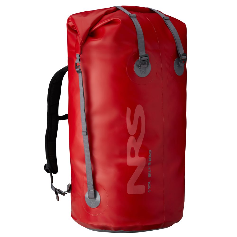 A 110-liter large red waterproof Bill's Bag backpack with gray compression straps, featuring the "NRS" logo.
