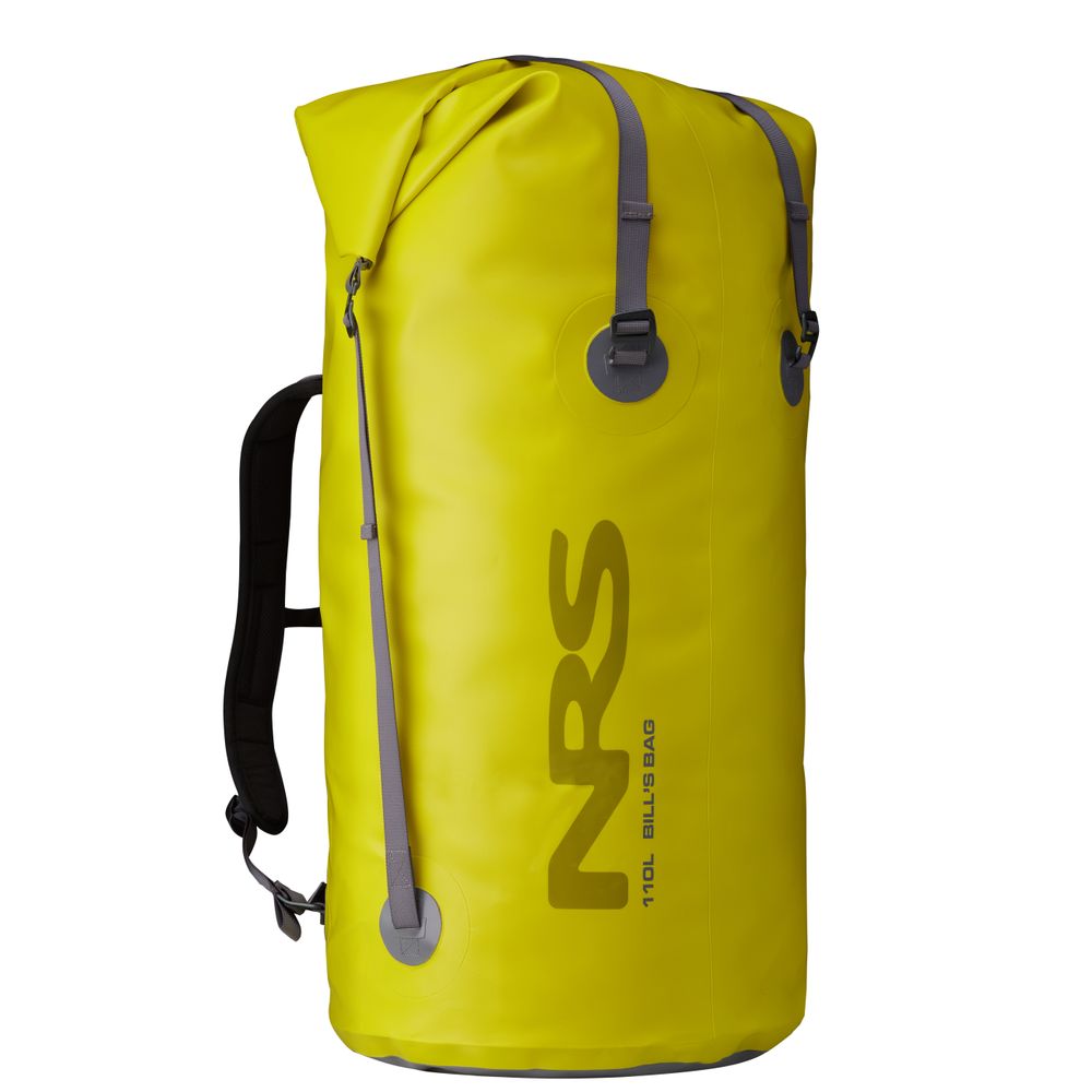 The NRS Bill's Bag is a large yellow dry bag featuring backpack and compression straps, designed for water-resistant storage and transport.