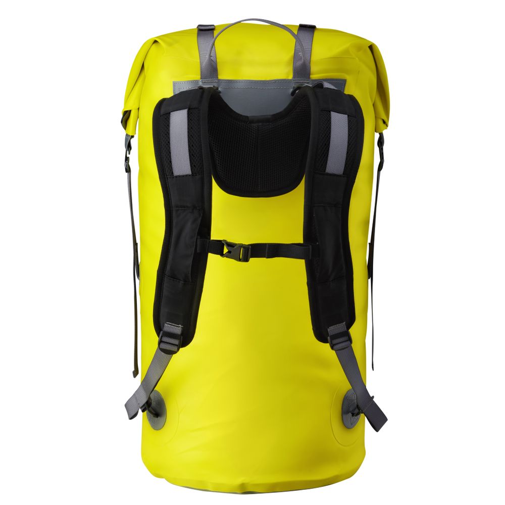 The NRS Bill's Bag is a bright yellow backpack featuring black adjustable compression straps, buckles, and a top roll closure, viewed from the back.
