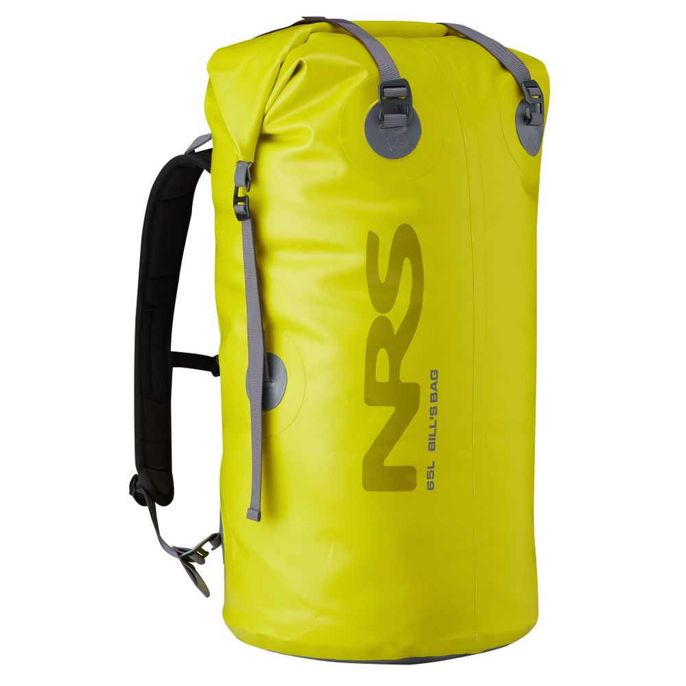 Bill's Bag by NRS is a bright yellow waterproof dry bag featuring adjustable black backpack straps, a roll-top closure for secure sealing, and the "NRS" logo.