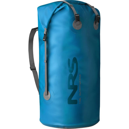 The blue NRS Outfitter Drybag showcases a heavy-duty design with a StormStrip closure, black straps, and the "110L Outfitter Bag" label.