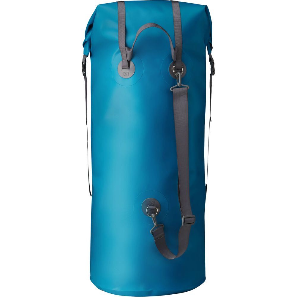The NRS Outfitter Drybag is a tall, blue waterproof bag with a sturdy gray shoulder strap, reliable buckles, and an efficient StormStrip closure system.