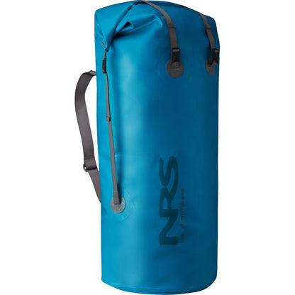 A blue, cylindrical NRS Outfitter Drybag with black adjustable straps and a StormStrip closure system for heavy-duty use.