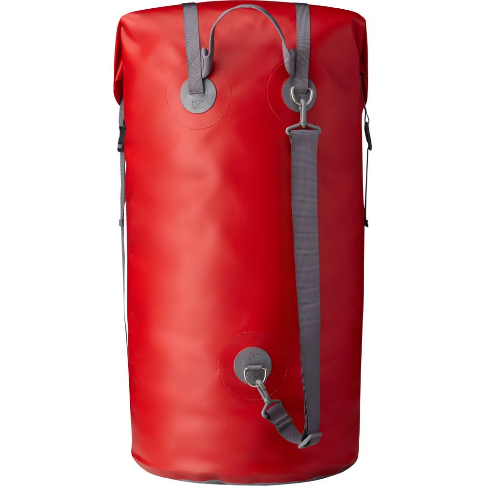The NRS Outfitter Drybag is a heavy-duty, large red bag equipped with gray straps and buckles, featuring a reliable StormStrip closure system.