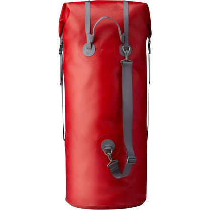 The NRS Outfitter Drybag, a large red bag with gray straps and buckles, ensures secure gear storage and rugged utility for heavy-duty adventures.