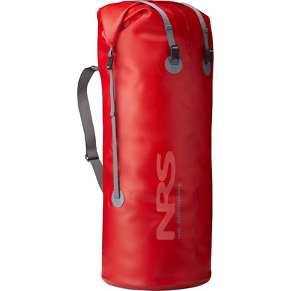 The NRS Outfitter Drybag is red with gray heavy-duty straps and features a StormStrip closure system, showcasing the NRS logo prominently.
