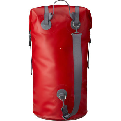 The NRS Outfitter Drybag is a red cylindrical waterproof bag with gray straps, featuring a heavy-duty StormStrip closure system for ultimate protection.