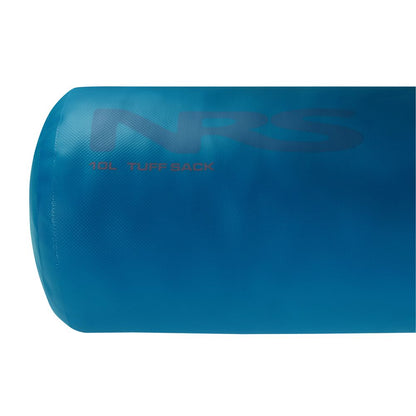 Close-up of a blue NRS Tuff Sack with "10L TUFF SACK" text visible, highlighting its durable material and vibrant color.
